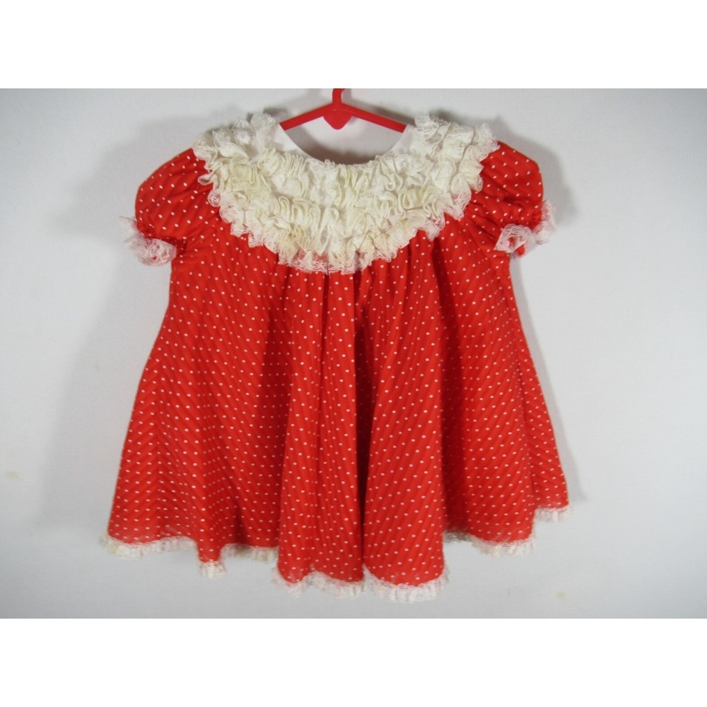 Vintage 70s 80s Bryan Frilly Lace Polka Dot Dress 24 Months Red Short Sleeve